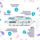 Kindii Feuchttücher Für Babies Und Kinder Pure Water 99% - 99%ige Zusammensetzung Auf Wasserbasis - Allantoin - Unparfümiert - Dermatologisch Getestet - Für Empfindliche Haut - 720 Stück - 12X60 Stück Naty Shop