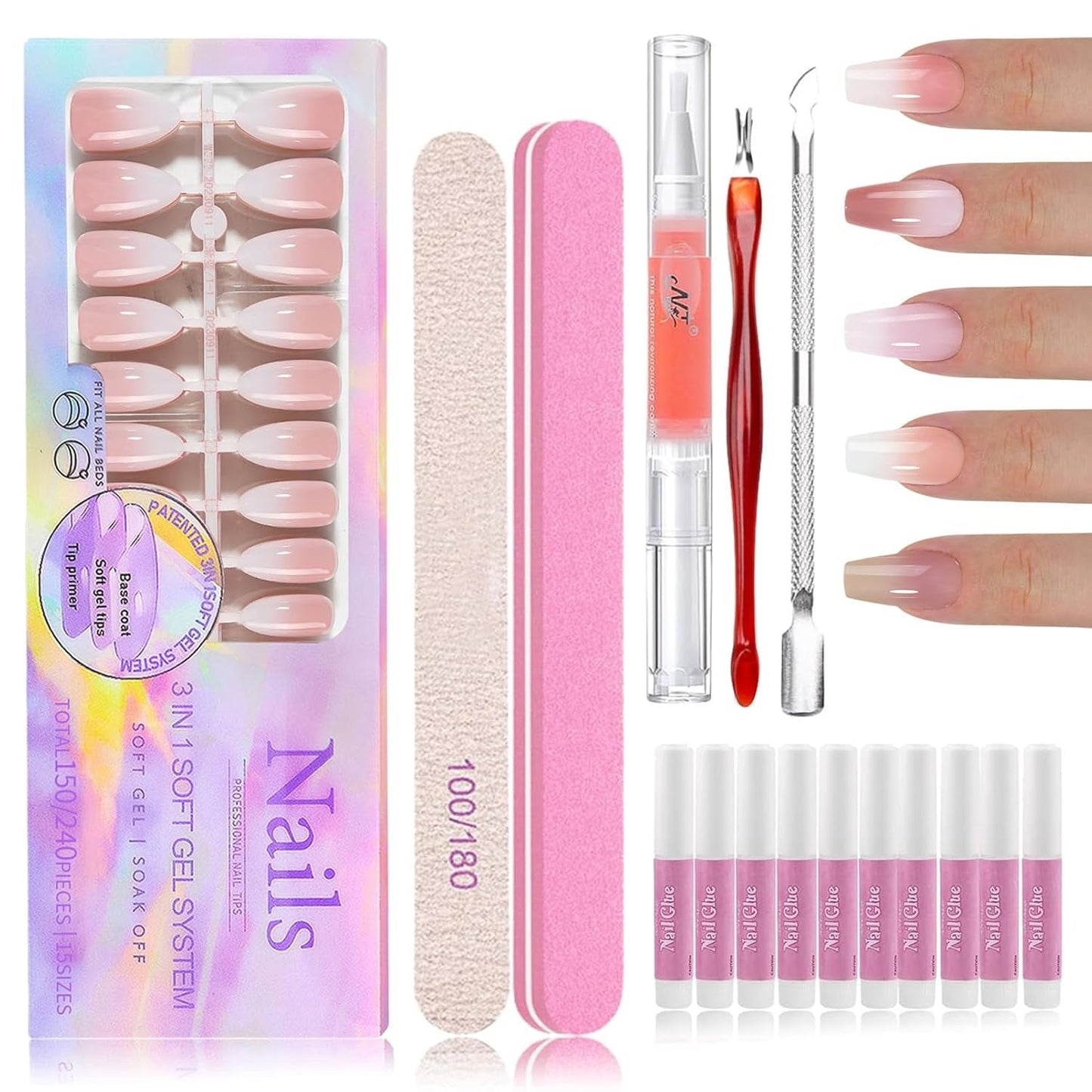150-teiliges Kunstnägel-Set mit Farbverlauf – 5 Farben, Ombre-Design, selbstklebende künstliche Nägel – vollständige Abdeckung für Frauen und Mädchen – glänzende künstliche Nägel für DIY-Maniküre (quadratisch)