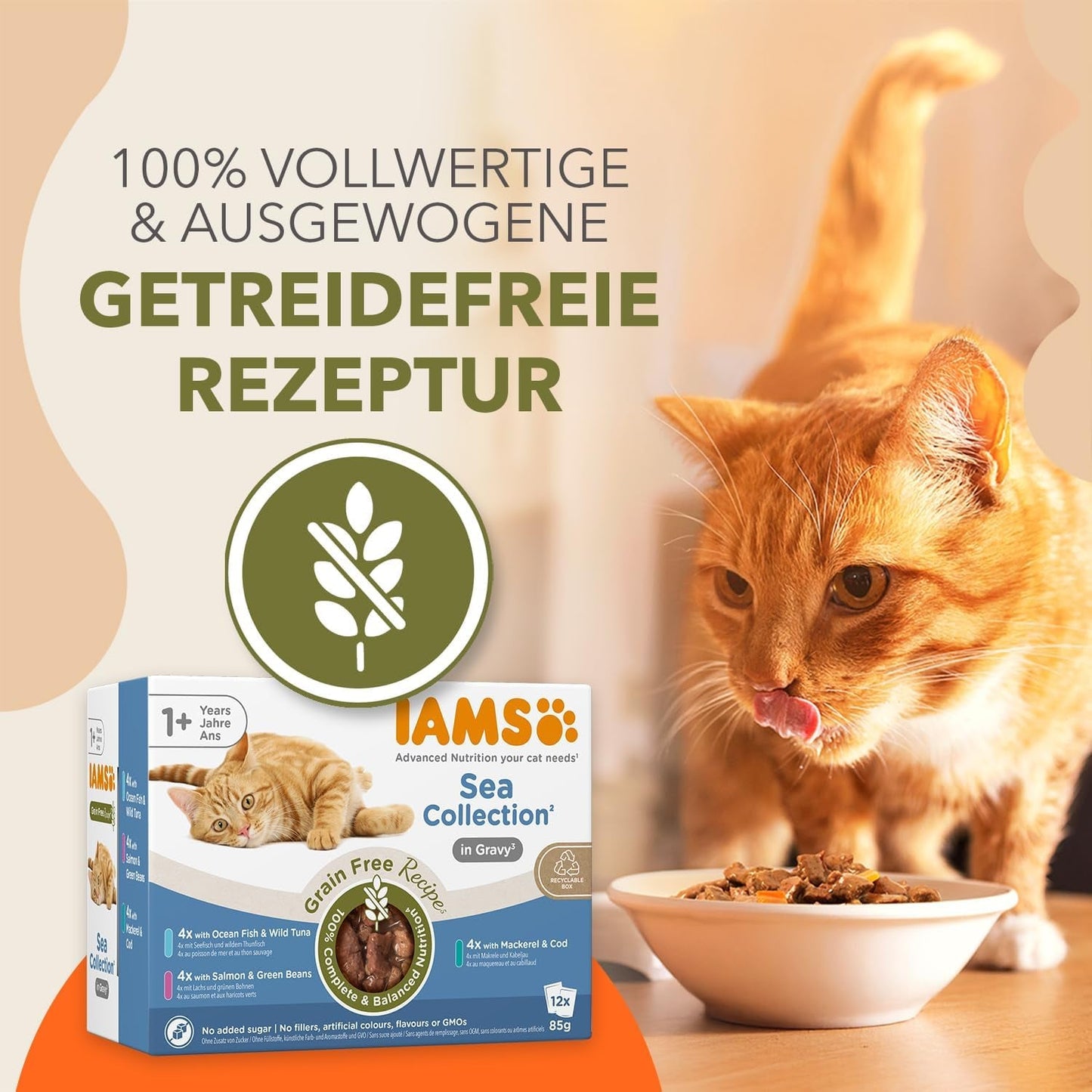 IAMS Delights Sea Collection Getreidefreies Nassfutter für Katzen – Multipack mit verschiedenen Fischsorten in Sauce, getreidefreies Nassfutter für Katzen ab 1 Jahr, 12 x 85 g