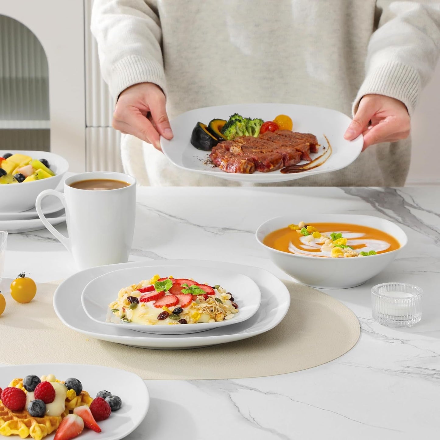 MALACASA Geschirrset für 4 Personen, 16-teiliges weißes Porzellangeschirr, modernes Geschirrset mit 4 Speisetellern, Desserttellern, Suma-Tellern und Tassen, Serie ELISA