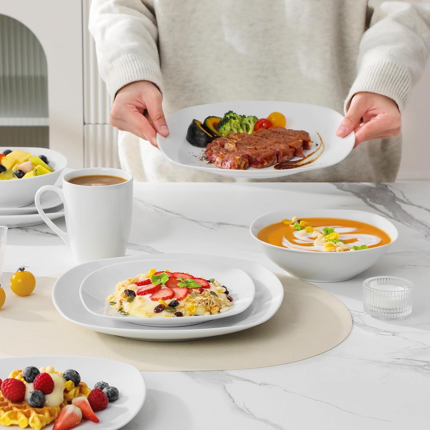 MALACASA Geschirrset für 4 Personen, 16-teiliges weißes Porzellangeschirr, modernes Geschirrset mit 4 Speisetellern, Desserttellern, Suma-Tellern und Tassen, Serie ELISA