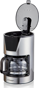 Cloer Filter-Espressomaschine für 6 Tassen, schonende Warmhaltefunktion, Glaskaraffe, Messlöffel, Wasserstandsanzeige, Anti-Tropf-System, automatische Abschaltung, Filtergröße 1x2, 550 W, Edelstahl