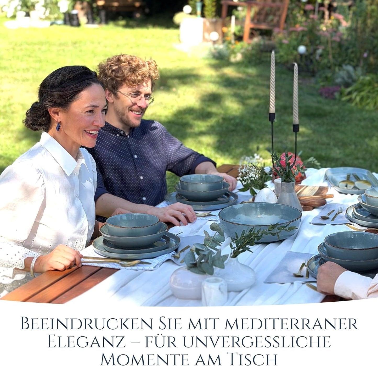 Steingut Geschirrset 6 Personen Rustikal 24 tlg. TESTSIEGER, Hochwertiges Landhausstil Steingut Geschirr Set, Schüssel- und Teller Set, Tafelservice 6 Personen, Geschirrsets Pure Living in Rauchblau