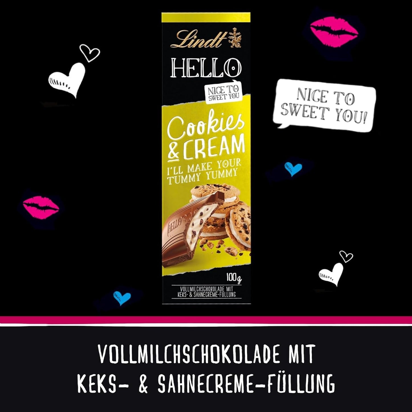 Lindt Hello Cookies & Cream Chocolate | Riegel 100g | Milchschokolade mit Keksen und Sahnefüllung | Schokoriegel | Schokoladengeschenk