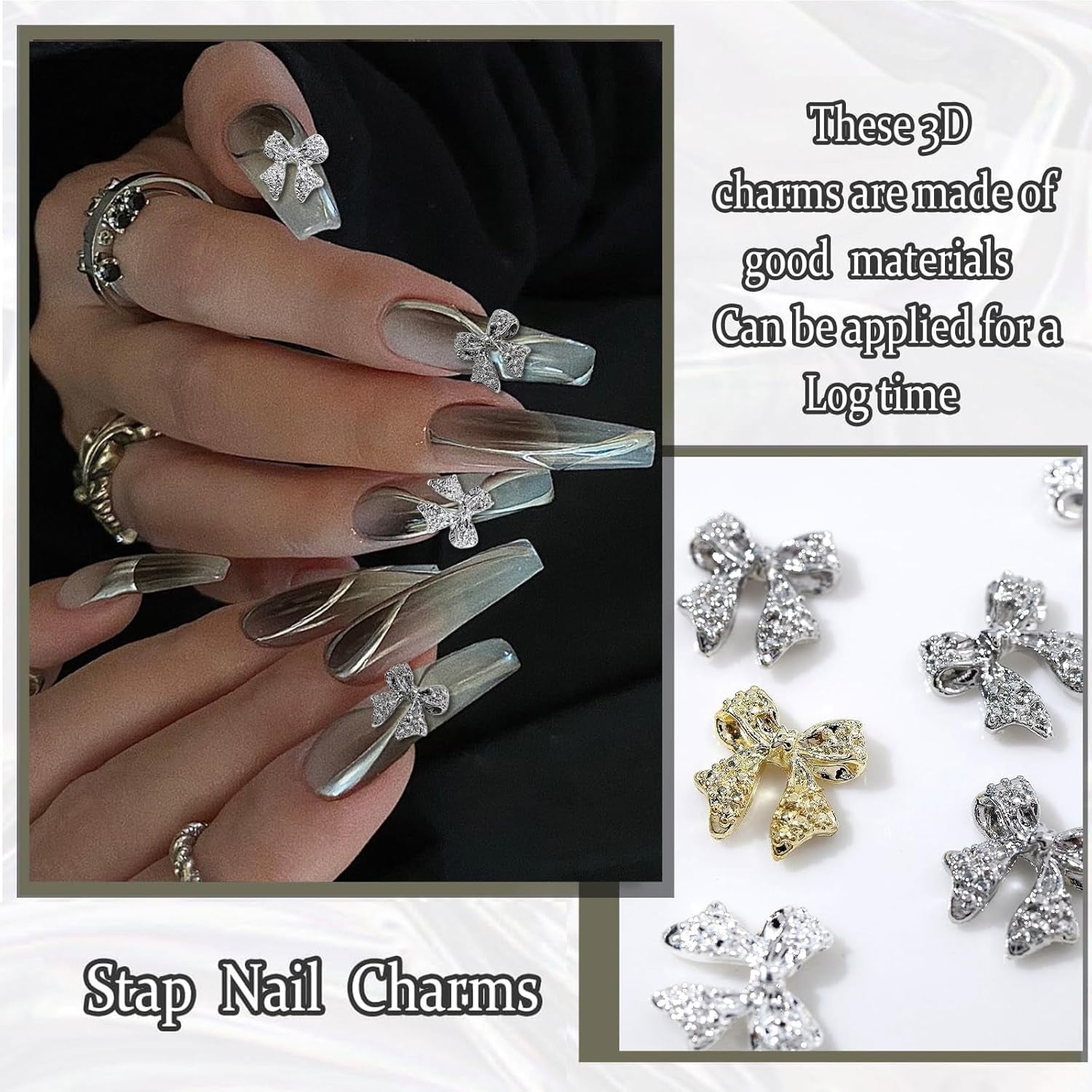 30 Stück Metall-Nagelschleifen, gold-silbergraue Schleifen, Nagelzubehör, Nageldekorationen für Frauen und Mädchen, Nagelkunst-Design