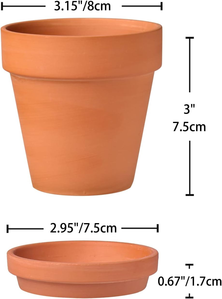 Hollyone 8-teiliges kleines Terrakotta-Pflanzgefäß-Set, 8 x 8 cm runde Tontöpfe mit Platte und Drainageloch, kleine Pflanzgefäße mit Tablett, Terrakotta-Sukkulentententöpfe für Zimmerpflanzen, Keramik-Pflanzgefäße