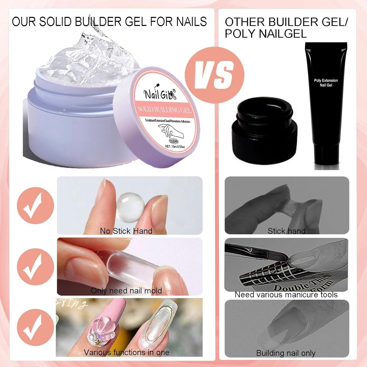 NAILGIL Fester Gel-Nagellack, Fester Gel-Nagelkleber, 3D-Nagelkunst-Skulptur mit Werkzeugset, DIY Home Salon, Transparent 15G