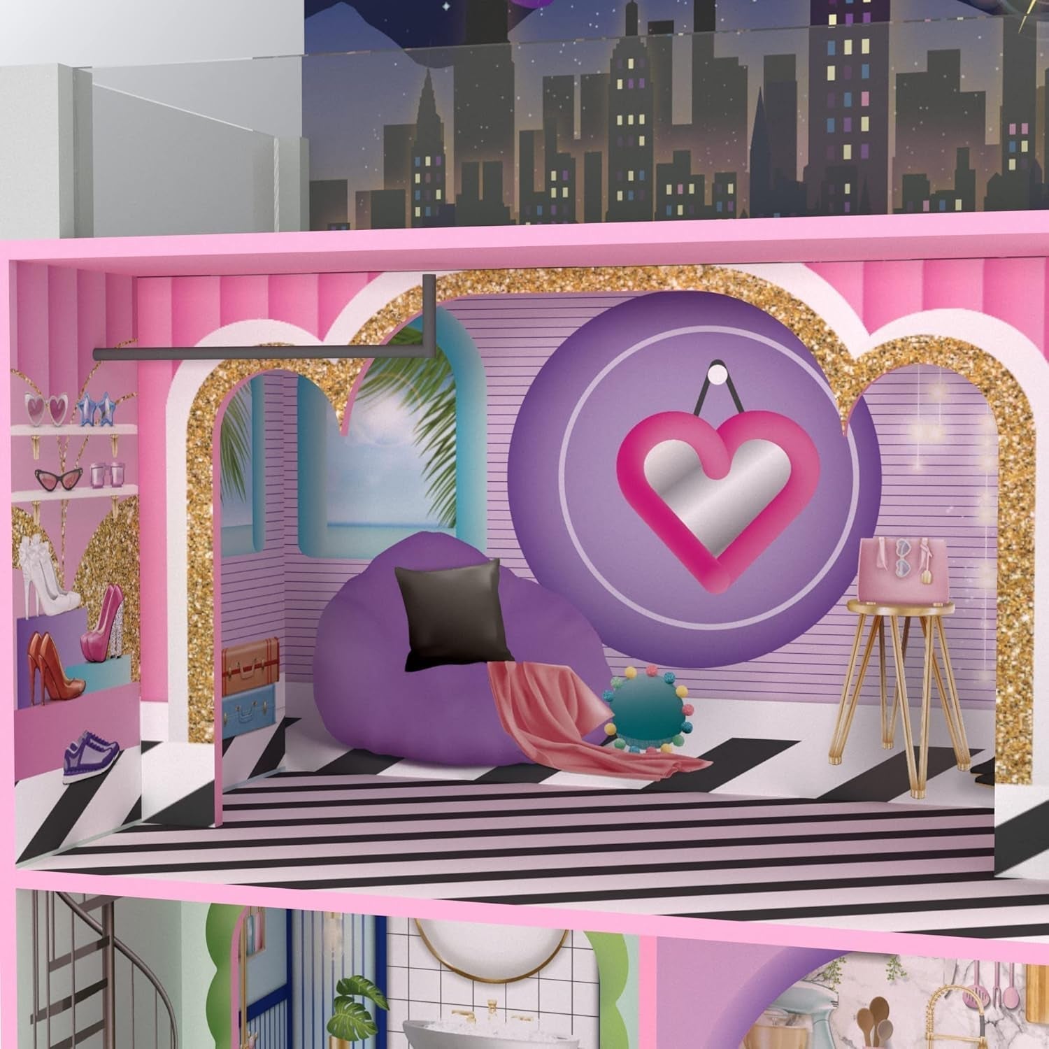 Olivia's Little World Big Dreamland Sunset Zeitgenössisches interaktives Holzpuppenhaus für Kinder, 3 Etagen mit 16 Puppenmöbelzubehör, Multi TD-13616A Puppenhäuser Naty Shop