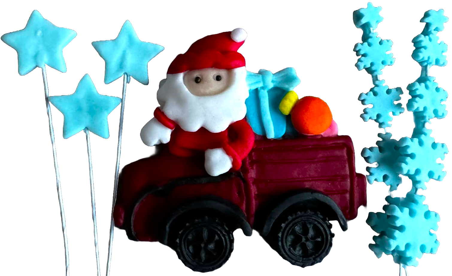 Set mit 6 essbaren Dekorationen aus Zuckerpaste, Weihnachten, Weihnachtsmannauto, Sternen und Schneeflocken. Dekorationen aus Zuckerpaste Naty Shop
