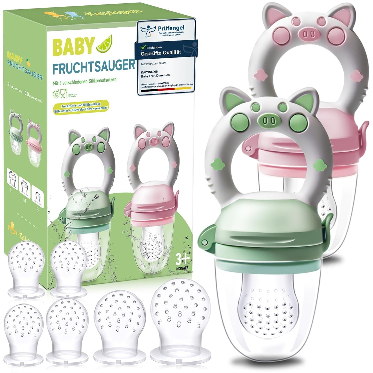 Baby-Fruchtschnuller, 2er-Pack Fruchtschnuller für Babys ab 3 Monaten, verbesserte Version 2023, befüllbare Schnuller, Brei-Schnuller, Fruchtschnuller für Babys, BPA-frei, 8 Silikonsauger in 3 Größen