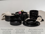 Schüssel- und Tellerset aus schwarzem Steinzeug [12 Teile für 4 Personen] 100 % handgefertigtes schwarzes Geschirrset mit hochwertiger reaktiver Glasur