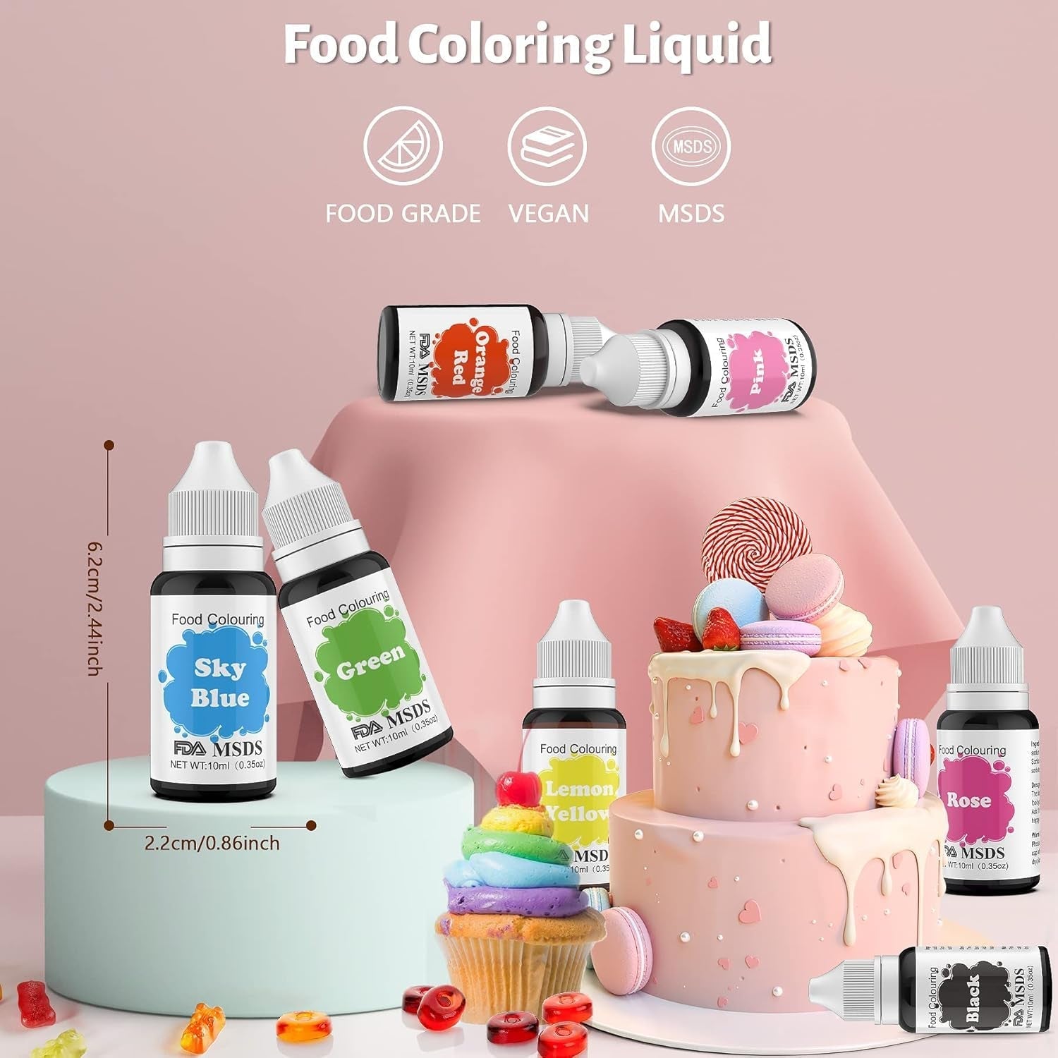 Lebensmittelfarbe 9 x 10 ml, flüssige Lebensmittelfarbe – Lebensmittelfarben-Set zum Dekorieren von Kuchen, Macarons, Donuts, Fudge, Zuckerguss, DIY-Seifen, Eiscreme, Seifenfarbe, Spritzpistolenfarbe