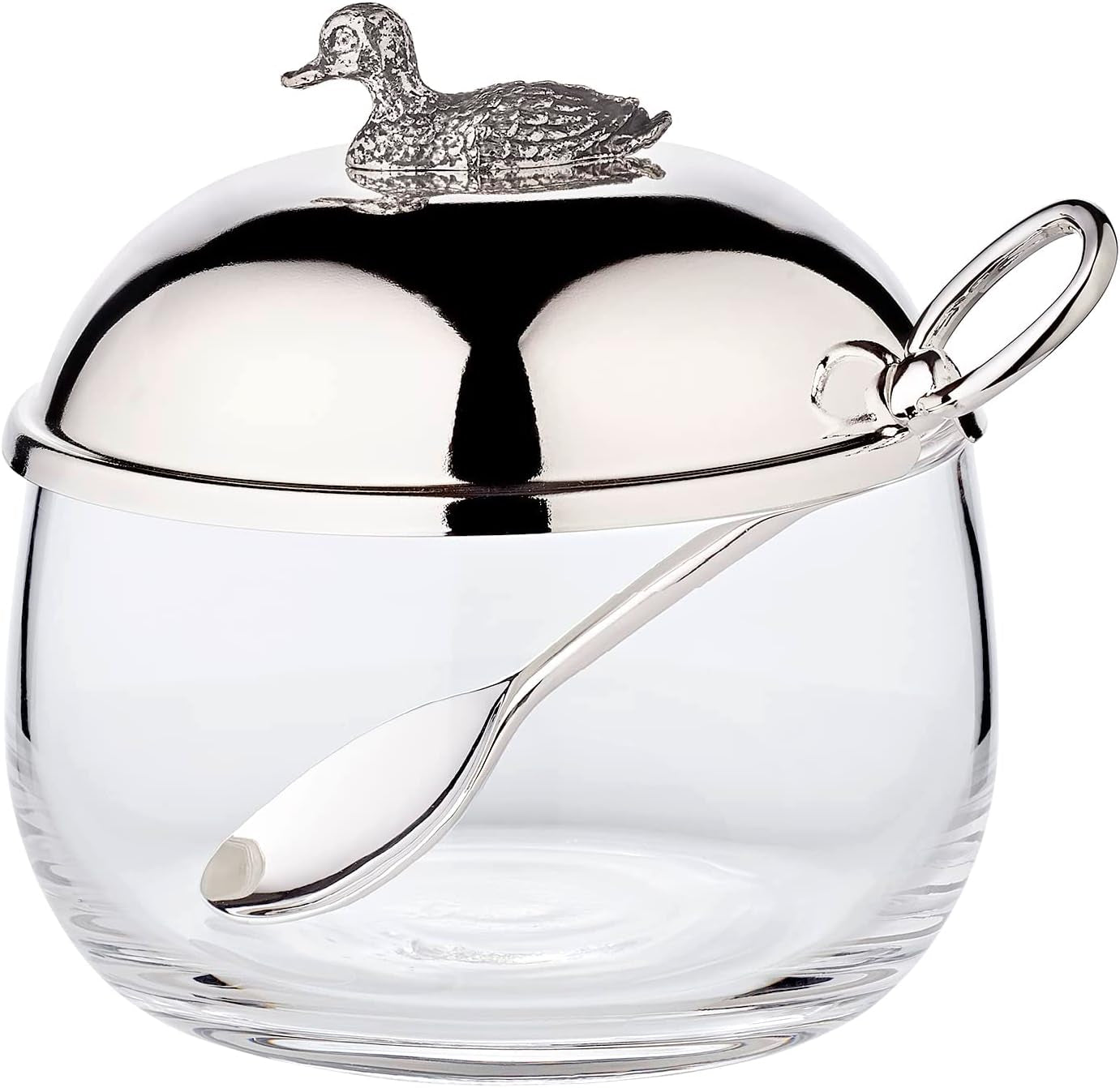 EDZARD Entenmarmeladenglas (Ø 10 cm) aus Silber und Glas - Box und Löffel - Schüssel, Zuckerbehälter, Käse - Marmeladenglas mit Deckel, Aufbewahrung mit Deckel, Geschenkbox mit Verschluss