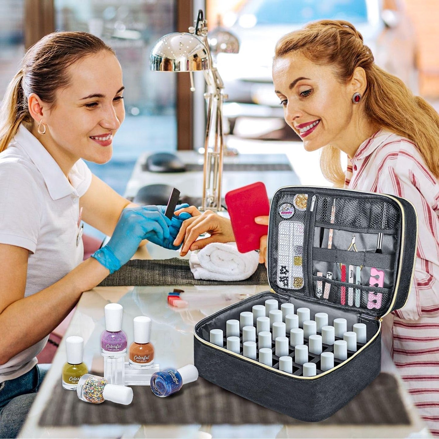 Nail Lacquer Organizer Tasche, Doppelschicht Nagellack Aufbewahrungsbox, Organizer Koffer Für Nageldesign Kosmetiktasche Für 30 Flaschen Neonail Base(15Ml-0.5 Fl.Oz) & 1 Nagellampe(Schwarz)