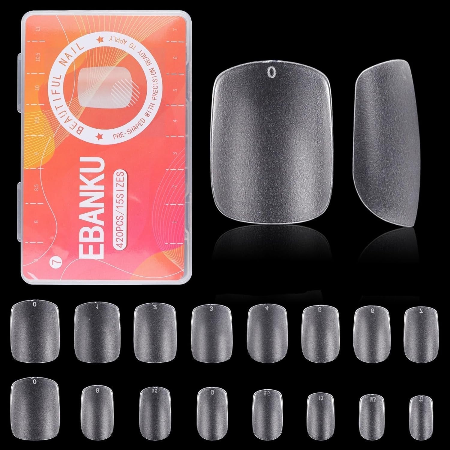 EBANKU 420 Stück kurze quadratische Nagelspitzen, vollflächige matte Spitzen, weiche Gel-Spitzen, klare vorpolierte Gel-Nagelspitzen, künstliche Nagelverlängerungsspitzen, 15 Größen (kurzes Quadrat)
