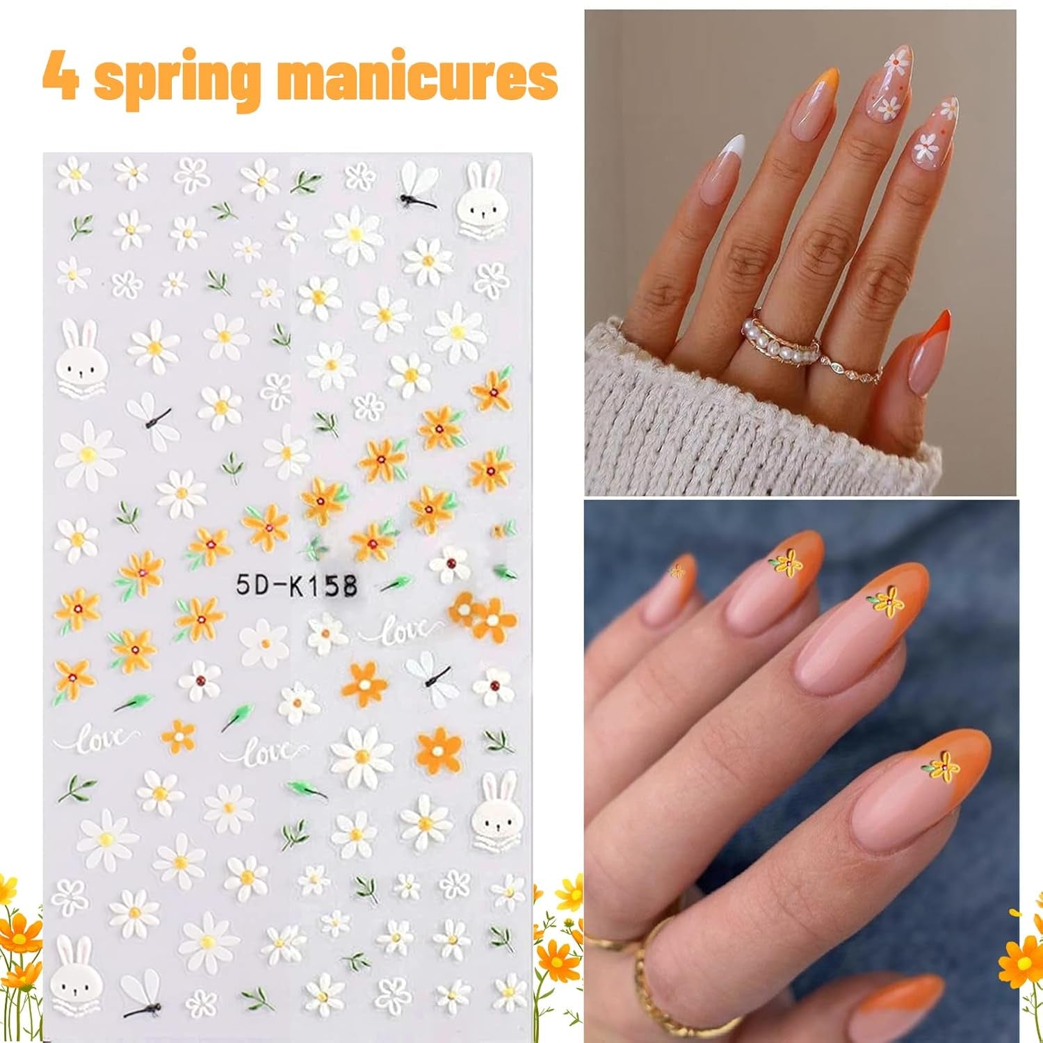 Nagelsticker-Set für einzigartiges Nageldesign, 4 Blatt Frühlingsthemen Nail Art Zubehör, perfekt für 3D-Gel-Nägel und UV-Gel-Streifen