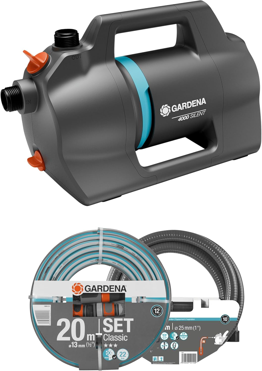 Gardena 4100 Silent Gartenpumpen-Set: Sehr leise und innovative Bewässerungspumpe mit 3,5 m Sauganschluss und 20 m klassischem Schlauch, 4100 l/h Durchfluss, 550 W Motor, wasserdicht, sparsam (9051-20)