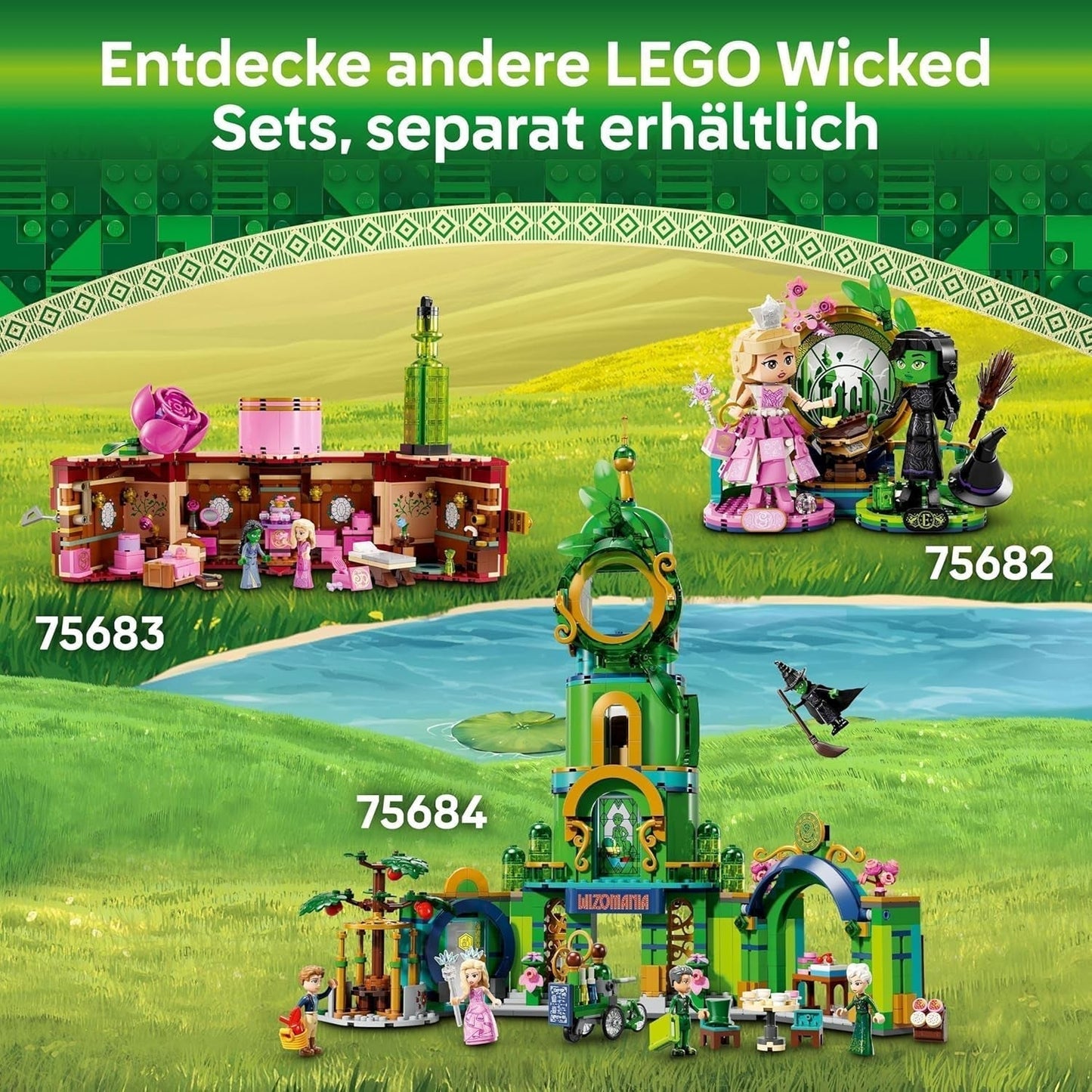 LEGO Wicked Tower-Spielzeug „Welcome to Emerald City“, Glinda- und Elphaba-Minipuppen, Geschenk für Filmfans sowie Mädchen und Jungen ab 9 Jahren, die Puppenhäuser lieben. 75684 Bausets Besuchen Sie den LEGO-Store