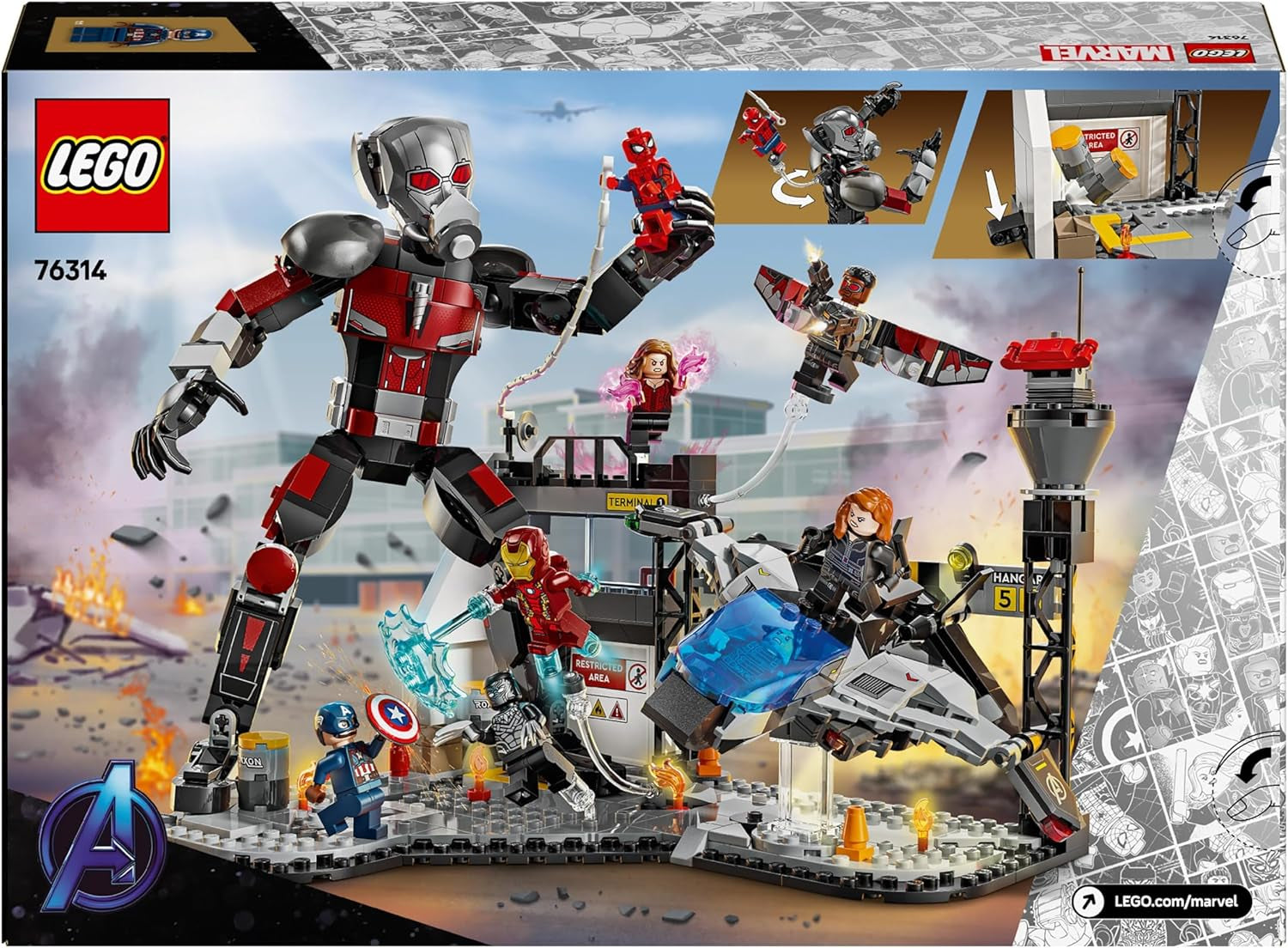 LEGO Marvel Captain America: Actionduell im Bürgerkrieg – Superhelden-Spielset mit 8 Minifiguren – Spielzeugflugzeug-Bau- und Spielset – Geschenk für Jungen und Mädchen 76314 Bausets Besuchen Sie den LEGO-Store