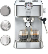 Caso Espresso Gourmet – Siebträger-Espressomaschine aus Edelstahl, leistungsstarke 19-bar-Ulka-Pumpe, mit Milchaufschäumer, für gemahlenen Kaffee oder ESE-Kaffeekapseln, für 2 Tassen, mit Tassenwärmer