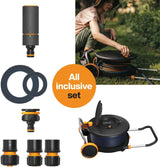 Fiskars Comfort L Wasserrad mit Rädern, All-Inclusive-Bewässerungsset, Gesamtreichweite 31,5 m, automatisches Aufwickeln, universeller Gartenschlauch (Ø 13 mm), universeller Wasserhahnanschluss, 1071670