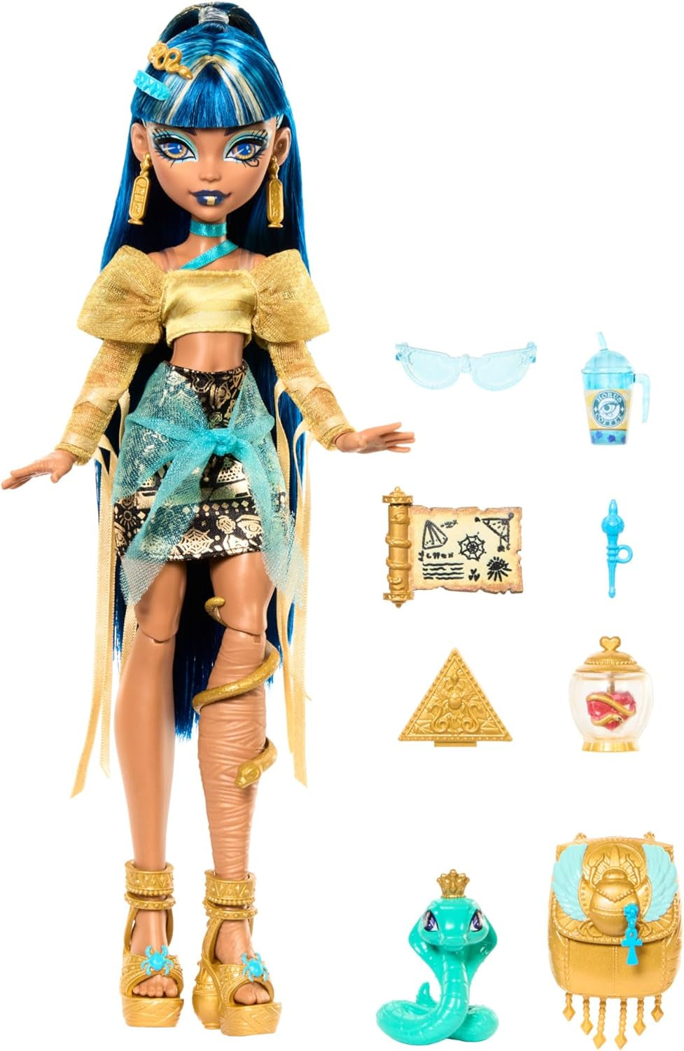 Monster High Cleo De Nile-Puppe in einer goldenen Bluse und einem mehrlagigen Rock, inklusive der Hissette-Kobra und Accessoires wie einer Schultasche, einem Snack und einer Rolle Toilettenpapier, HXH74