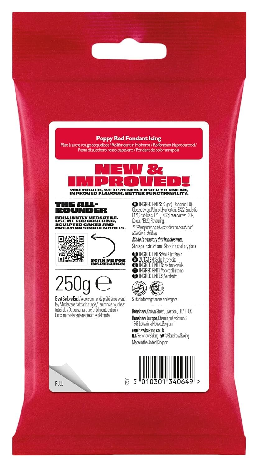 Fondant Poppy Red 250g – Fertig zum Ausrollen, perfekt zum Zuckerguss und Dekorieren von Kuchen, Cupcakes und Keksen – Poppy Red – 250g Zuckerpaste Naty Shop