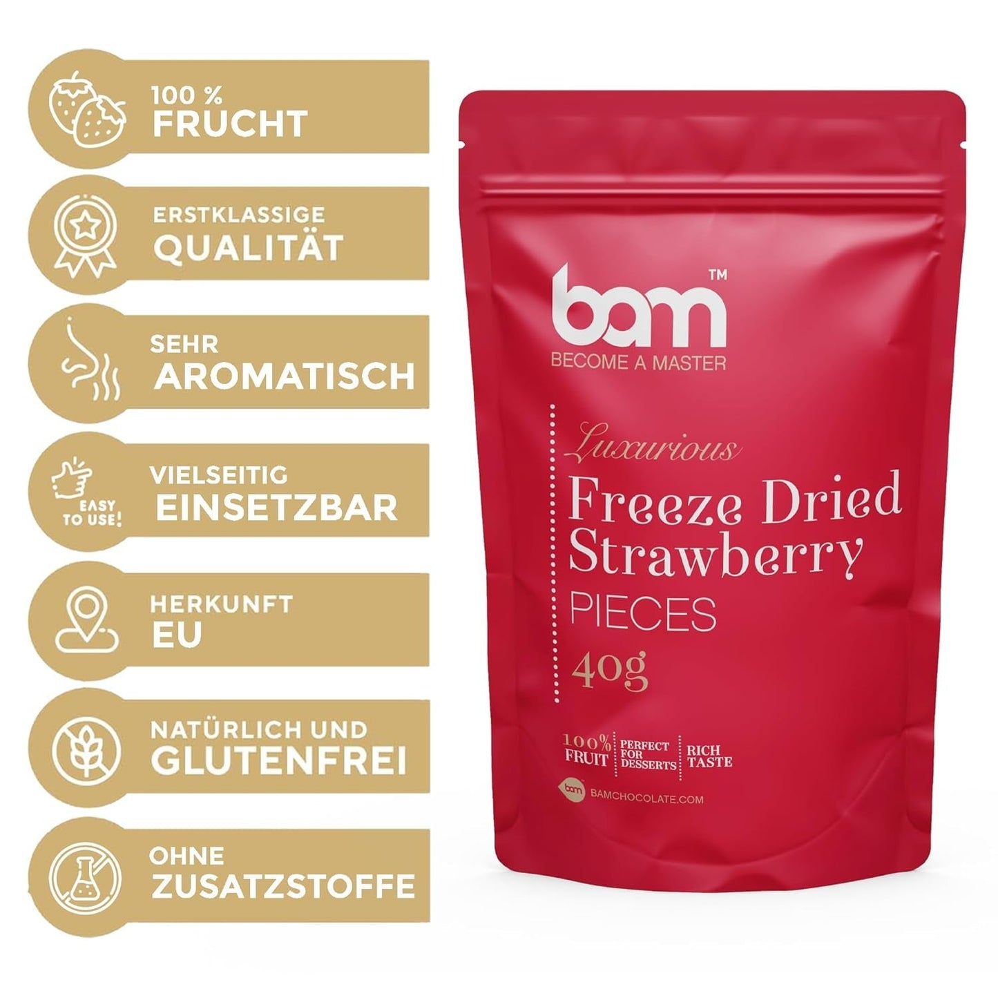 Gefriergetrocknete Früchte BAM, 40 Gramm, natürliche Früchte, perfekte Desserts, reichhaltiger Geschmack (Erdbeere). Dehydrierte Produkte Naty Shop
