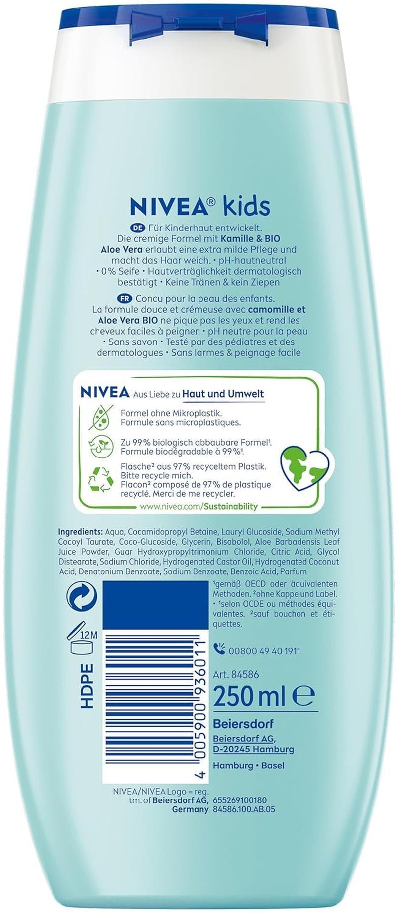 Duschgel, Shampoo und Spülung NIVEA KIDS 3in1, Pflege und Reinigung für Kinder mit zauberhaftem Apfelduft, extra milde, seifenfreie Pflege für Kinderhaare und -haut (250 ml) Kinder - Bade- und Hautpflege Naty Shop