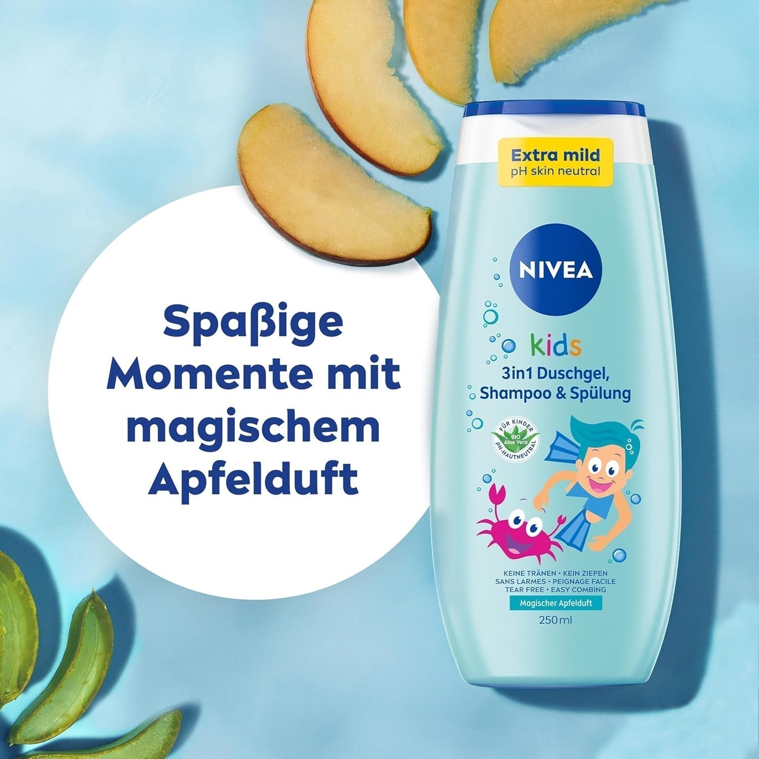 Duschgel, Shampoo und Spülung NIVEA KIDS 3in1, Pflege und Reinigung für Kinder mit zauberhaftem Apfelduft, extra milde, seifenfreie Pflege für Kinderhaare und -haut (250 ml) Kinder - Bade- und Hautpflege Naty Shop