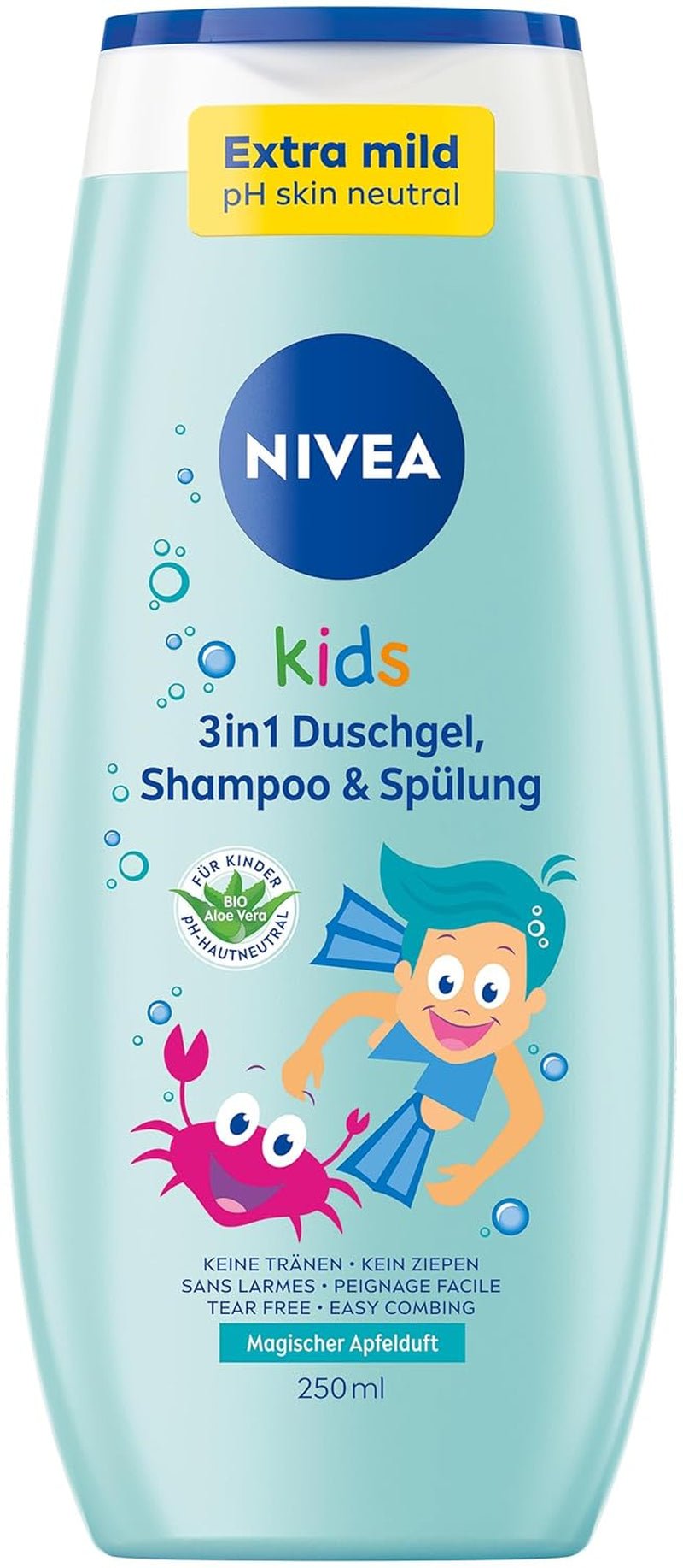 Duschgel, Shampoo und Spülung NIVEA KIDS 3in1, Pflege und Reinigung für Kinder mit zauberhaftem Apfelduft, extra sanfte, seifenfreie Pflege für Kinderhaare und -haut (250 ml) Kinder - Bade- und Hautpflege Naty Shop Apfelduft - 0 Mikroplastik