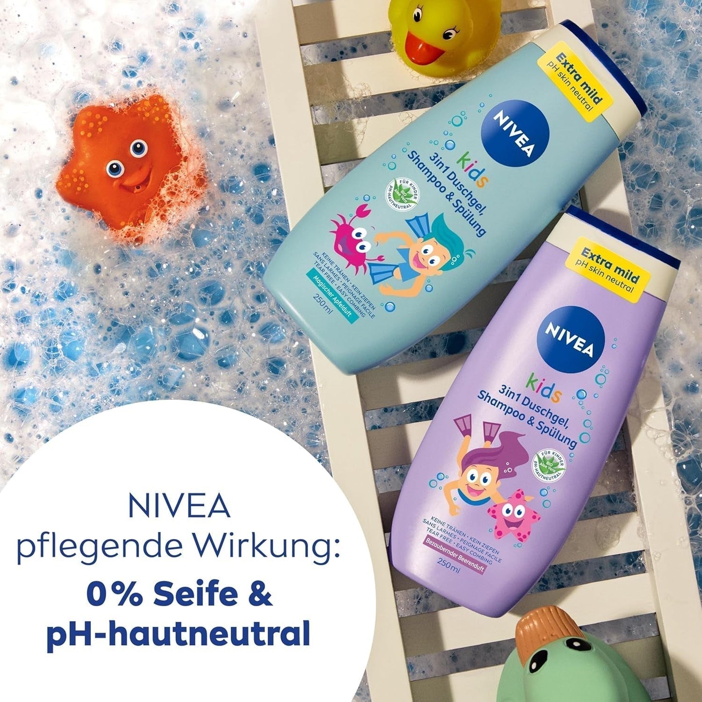 Duschgel, Shampoo und Spülung NIVEA KIDS 3in1, Pflege und Reinigung für Kinder mit zauberhaftem Apfelduft, extra milde, seifenfreie Pflege für Kinderhaare und -haut (250 ml) Kinder - Bade- und Hautpflege Naty Shop