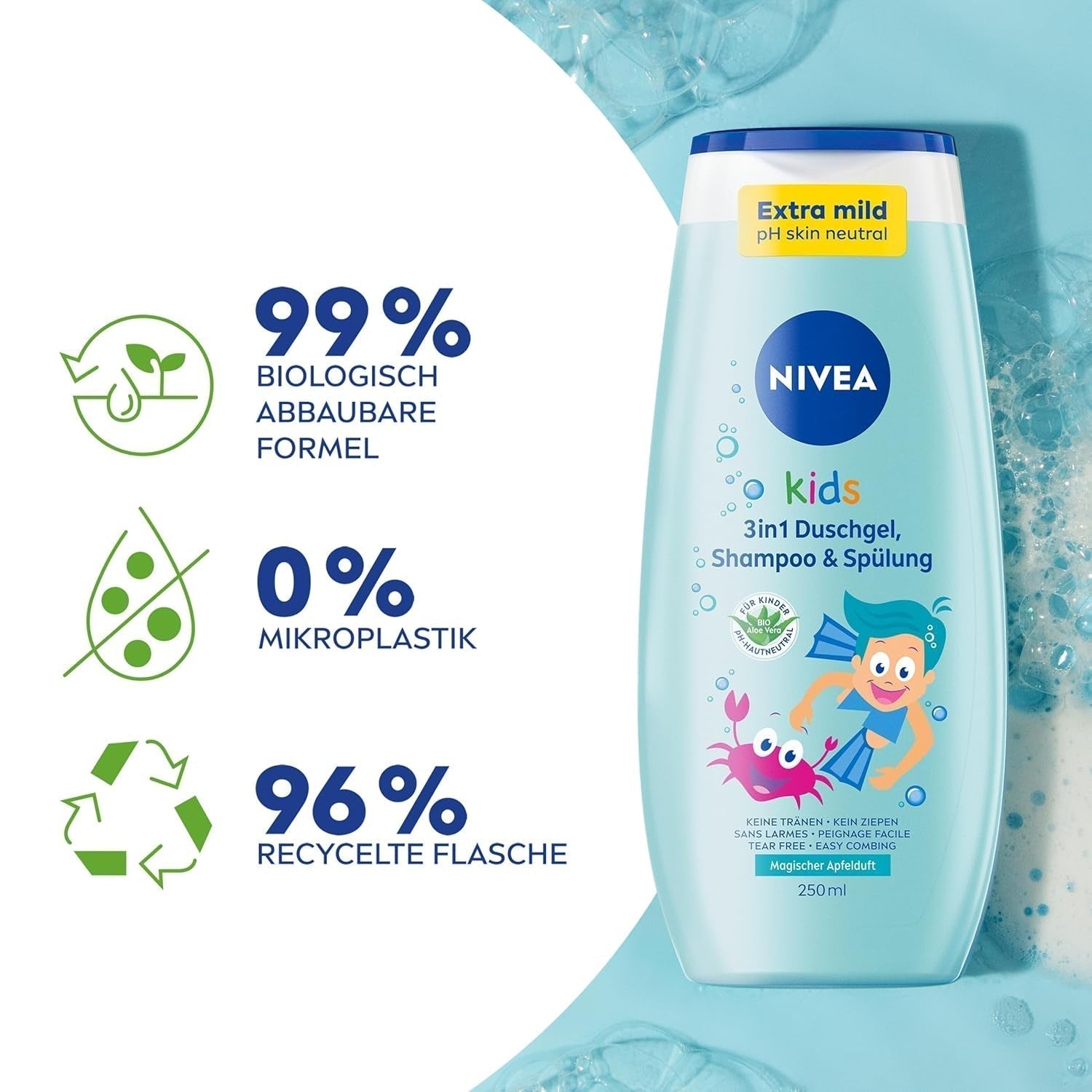Duschgel, Shampoo und Spülung NIVEA KIDS 3in1, Pflege und Reinigung für Kinder mit zauberhaftem Apfelduft, extra milde, seifenfreie Pflege für Kinderhaare und -haut (250 ml) Kinder - Bade- und Hautpflege Naty Shop