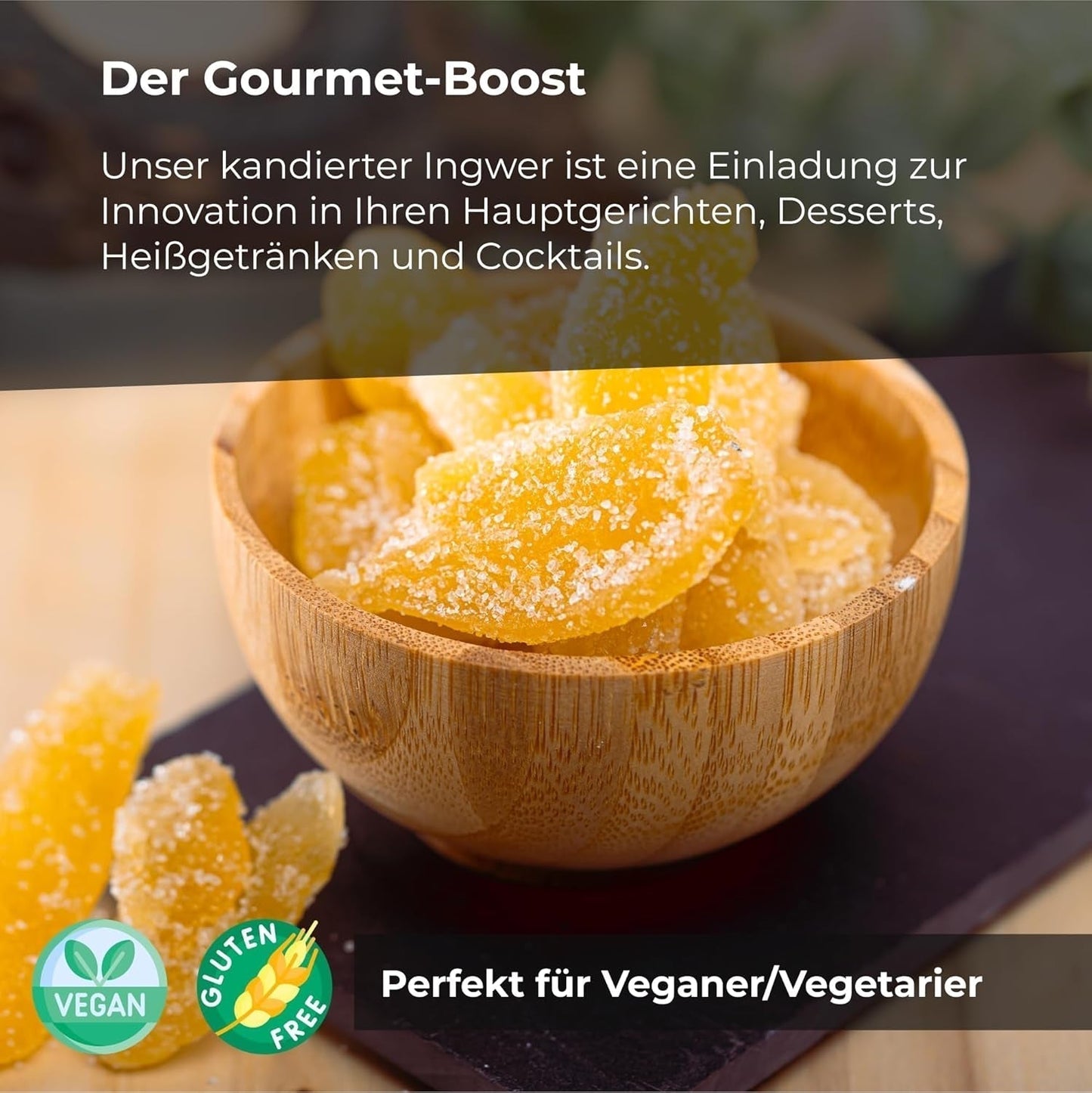 Kandierter Ingwer in Stücken 1 kg | Dehydrierte Trockenfrüchte Glasierte Ingwerscheiben | Geschnittener kandierter Ingwer | Gesüßte getrocknete Blätter | IDEAL für Rezepte | Vegetarier und Veganer. Naty Shop dehydrierte Produkte