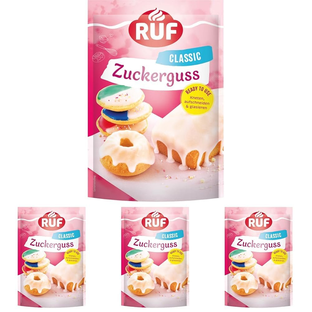 RUF-Glasur gebrauchsfertig, sofort ohne Mischen verwendbar, Glasur für Kekse und Kuchen, als Basis für Zuckerglasur oder zum Färben und Aromatisieren, 1 x 150 g (4er-Pack) Naty Shop Zuckerpaste 150 g (4er-Pack) weiß