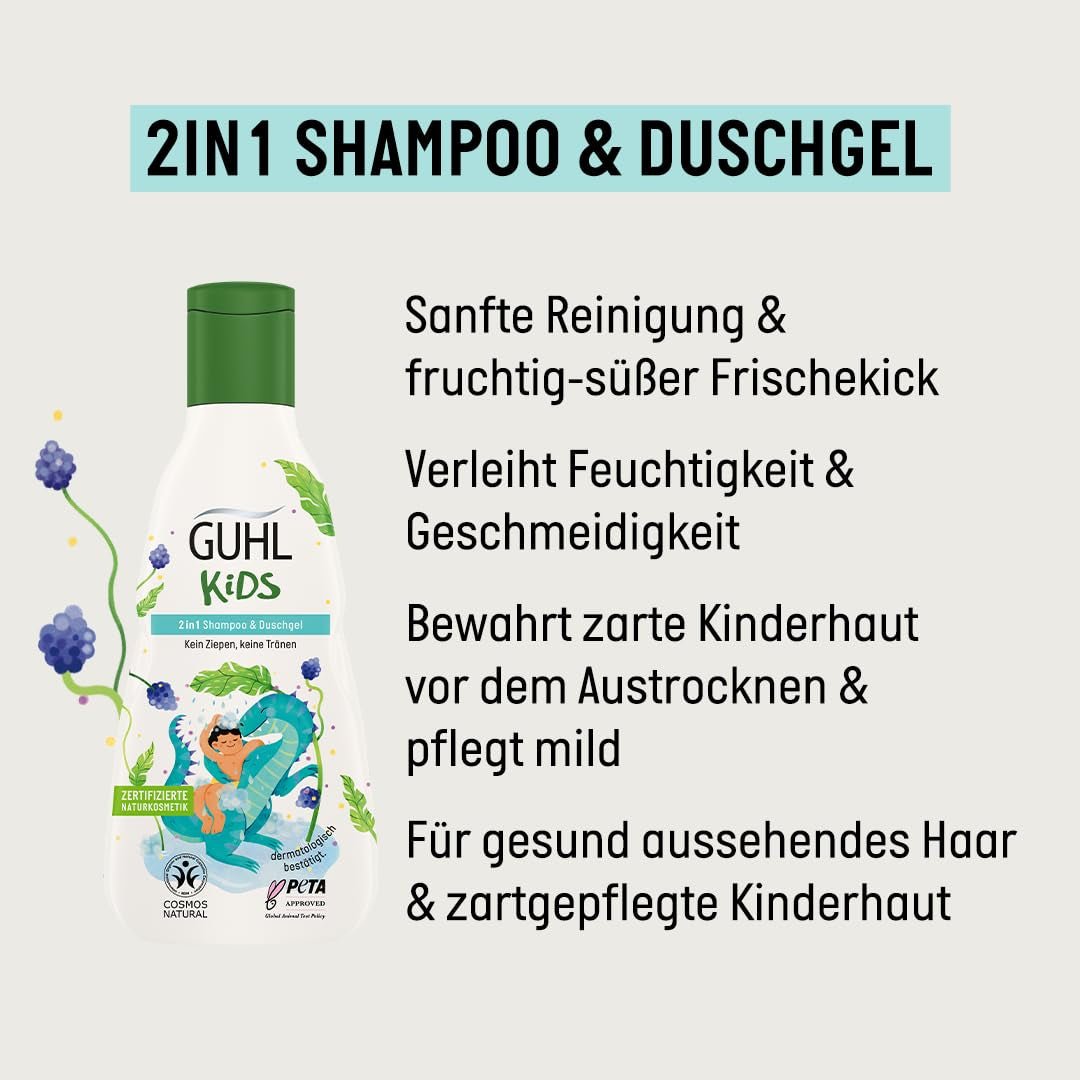 Guhl Kids Dino Vorteilsset – 2x Guhl Kids 2 in 1 Shampoo & Duschgel, 250ml + 1x Pixi-Buch – Speziell für Kinder entwickelt – Kein Ziehen – Cosmos Natural Zertifikat Kinder – Bade- und Hautpflege Naty Shop