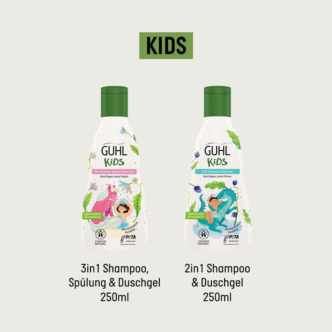 Guhl Kids Dino Vorteilsset – 2x Guhl Kids 2 in 1 Shampoo & Duschgel, 250ml + 1x Pixi-Buch – Speziell für Kinder entwickelt – Kein Ziehen – Cosmos Natural Zertifikat Kinder – Bade- und Hautpflege Naty Shop