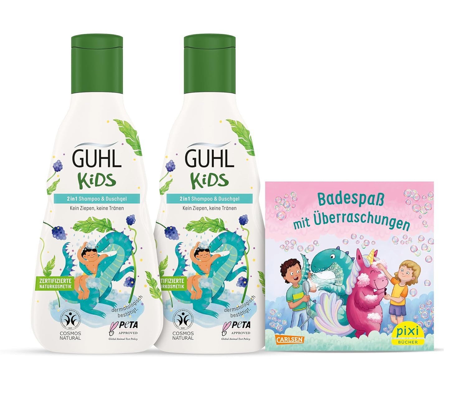 Guhl Kids Dino Vorteilsset – 2x Guhl Kids 2 in 1 Shampoo & Duschgel, 250ml + 1x Pixi-Buch – Speziell für Kinder entwickelt – Kein Ziehen – Cosmos Natural Zertifikat Kinder – Bade- und Hautpflege Naty Shop Standardtitel