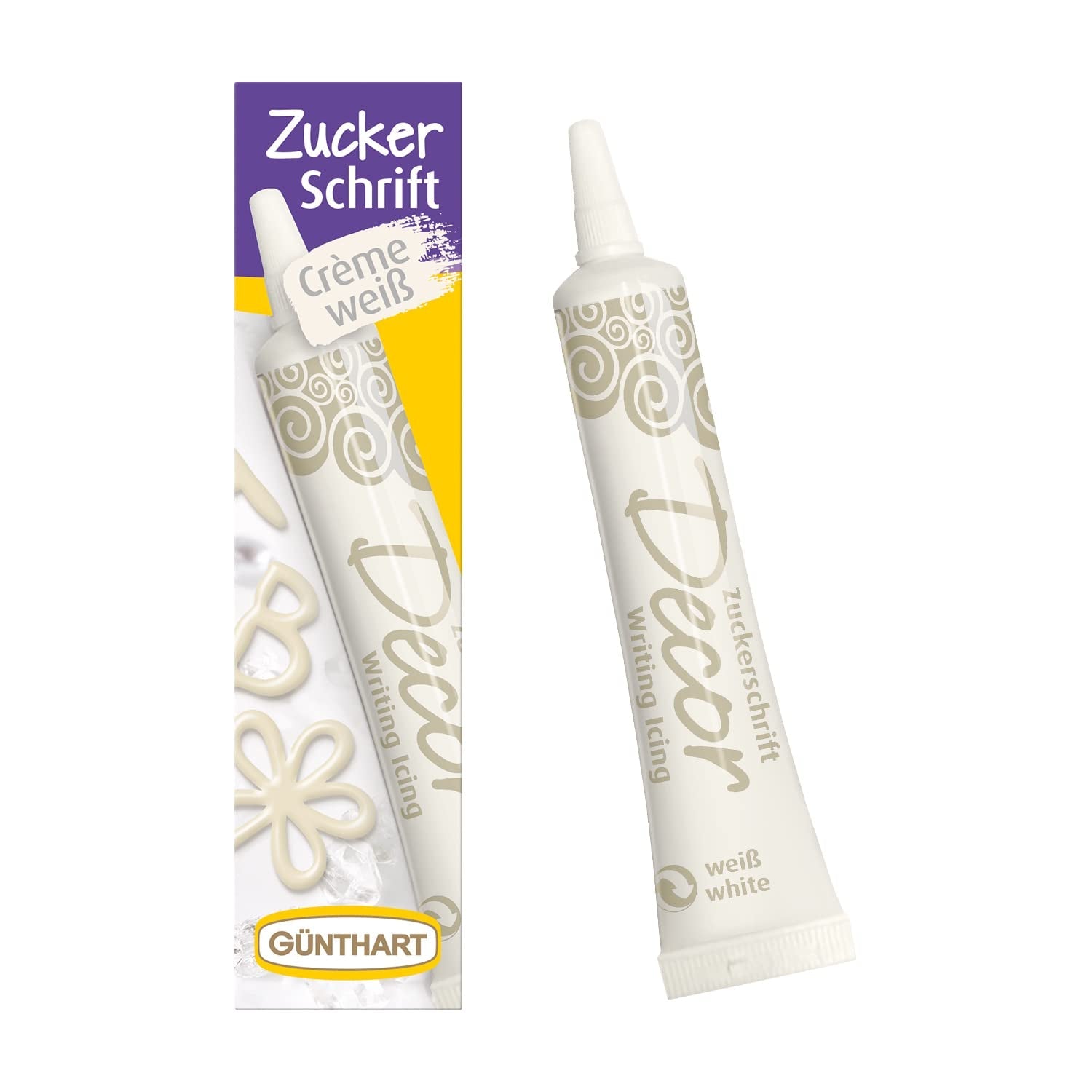 Günthart BackDecor 25g WEISSE Zuckerbuchstaben für jedes Dessert in weißer Zuckerfarbe für schöne Buchstaben und Designs, 1 Packung (25g) Naty Shop Zuckerpaste Medium Weiße Zuckerbuchstaben