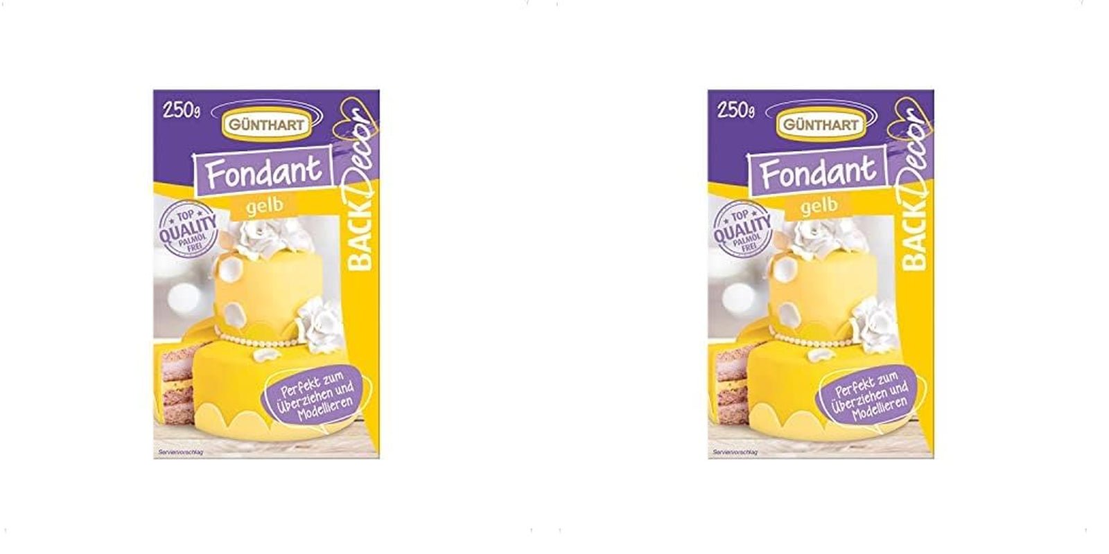 Günthart BackDecor 250 Fondant Grün, 100 % vegan, palmölfrei, reißfest, zum Überziehen von Kuchen und Gebäck, geeignet zum Modellieren, 1 Packung (1 x 250 g), Naty Shop Zuckerpaste 250 g (2 Stück), gelb