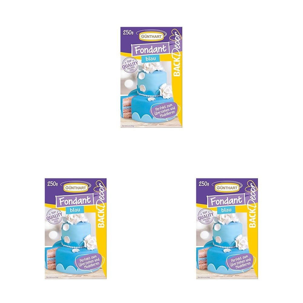 Günthart BackDecor 250 g blauer Fondant, 100 % vegan, palmölfrei, reißfest, zum Überziehen von Kuchen und Gebäck, geeignet zum Modellieren, 3er-Pack (1 x 250 g), Naty Shop Zuckerpaste blau, 250 g (3 Stück)