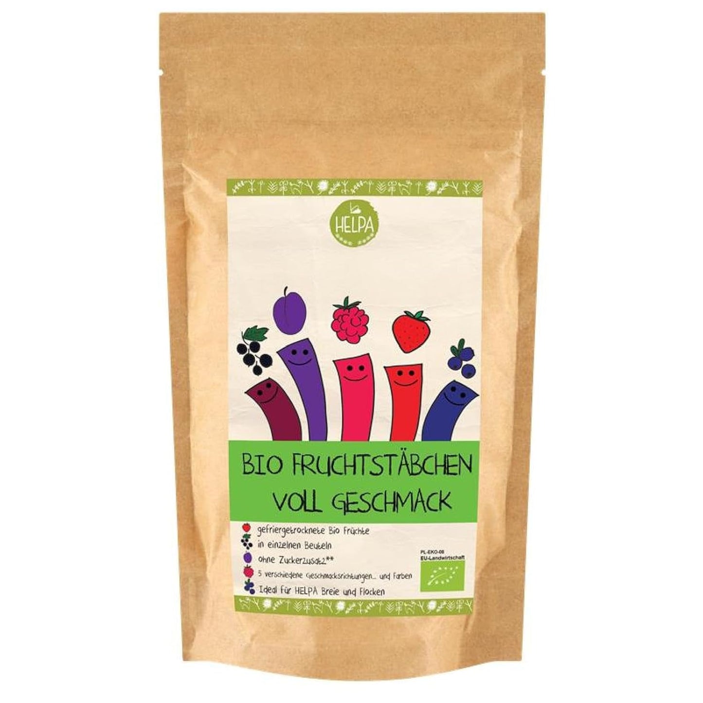 HELPA BIO Beutel mit Fruchtpulver - fruchtige Aromen - Früchte - Erdbeeren - Himbeeren - Heidelbeeren - Pflaumen - schwarze Johannisbeeren - 100 % gefriergetrocknete Früchte - Babynahrung Dehydrierte Produkte Naty Shop Standardtitel
