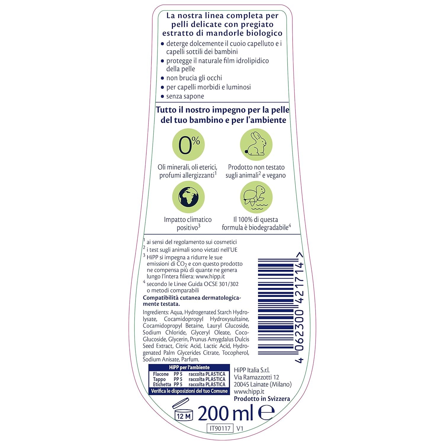 HiPP - Baby Care Sanftes Shampoo für Kinder, reinigt sanft und reizt die Augen, für empfindliche Haut, mit natürlichem Bio-Mandelextrakt, 1 Flasche mit 200 ml Kinder - Bade- und Hautpflege Naty Shop