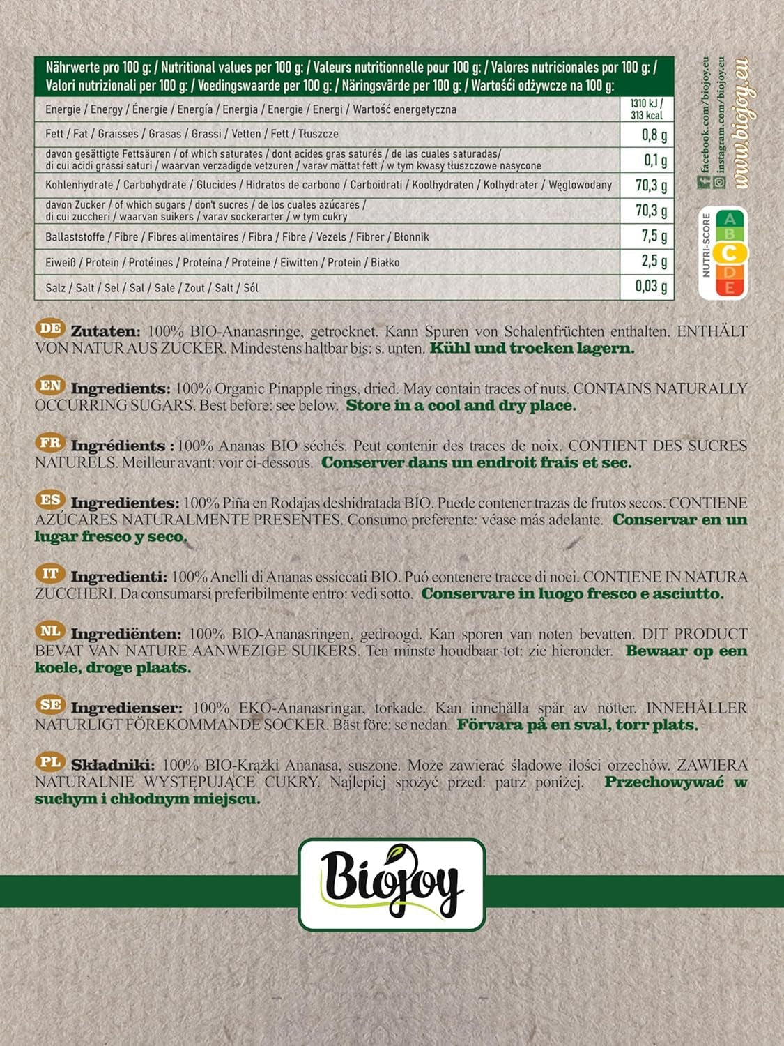 Biojoy BIO Ananasringe, getrocknet (1 kg), ungeschwefelt Naty Shop dehydrierte Produkte