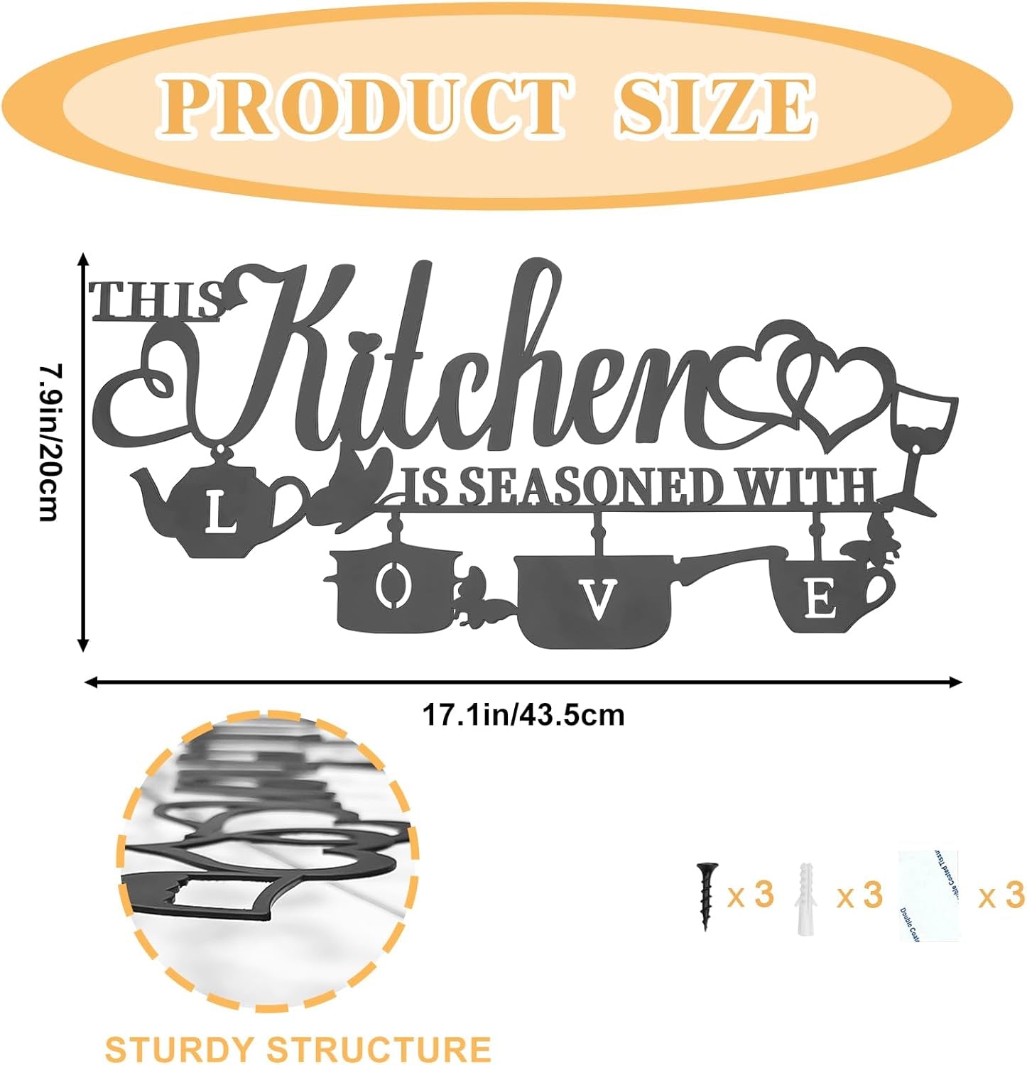 KHayRovies Küchen-Wanddekoration aus Metall „This Kitchen is Seasoned with Love“, schwarzes Wortnamensschild, rustikale Eisenbuchstaben, Zitate für die Küche, Bauernhaus, Wohnzimmer, Statuen und Skulpturen, Naty Shop