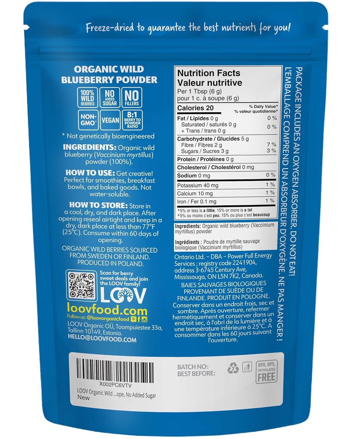 LOOV Bio-Wildheidelbeerpulver – 29-Tage-Vorrat 171 g, gut für Smoothies und Frühstück, gefriergetrocknet, Nordeuropa, ohne Zuckerzusatz, dehydrierte Produkte von Naty Shop