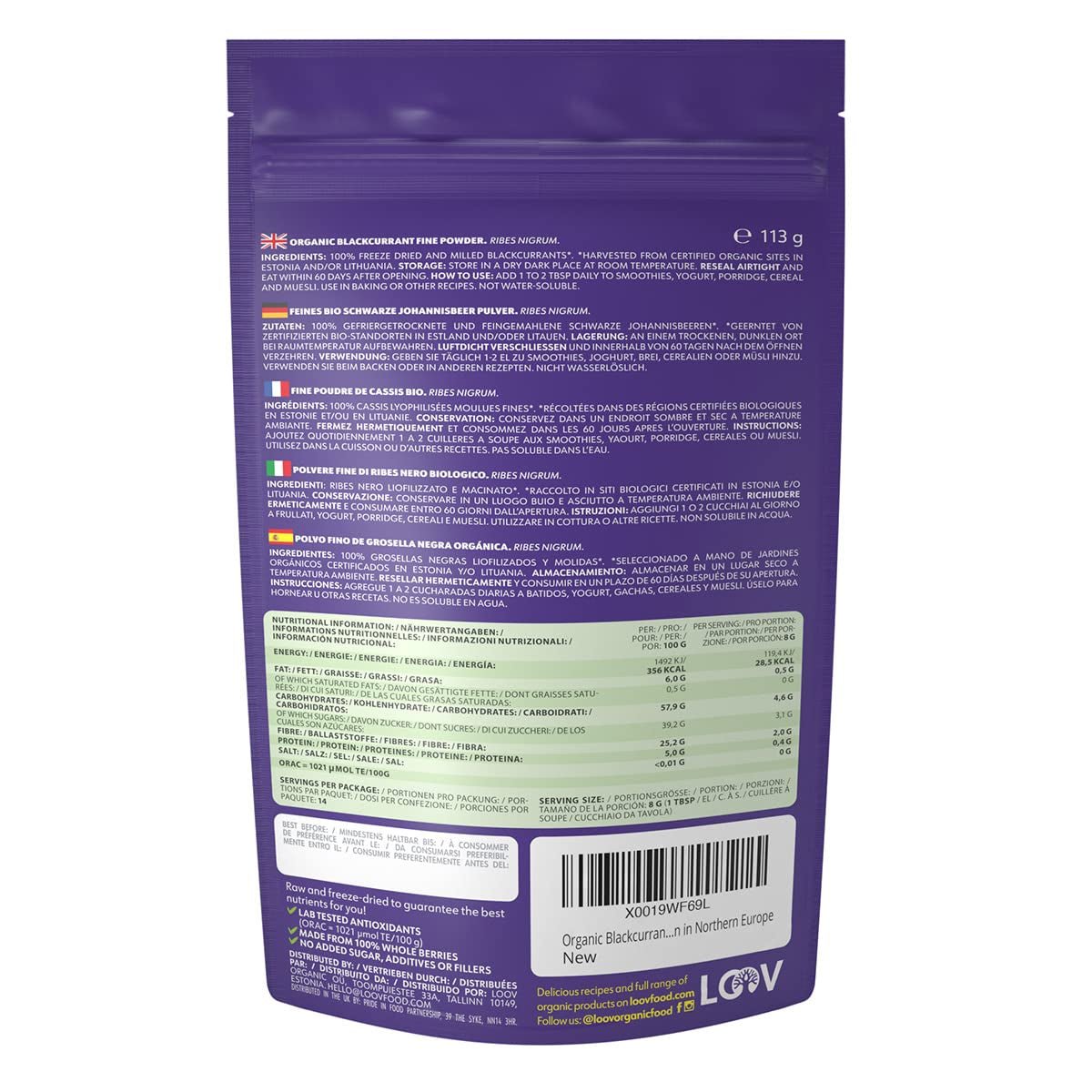 LOOV Bio-Pulver aus schwarzen Johannisbeeren, hergestellt aus 100 % ganzen schwarzen Johannisbeeren, gefriergetrockneten und pulverisierten Bio-Beeren, angebaut in Nordeuropa, ohne Zuckerzusatz, 113 g, dehydrierte Produkte von Naty Shop