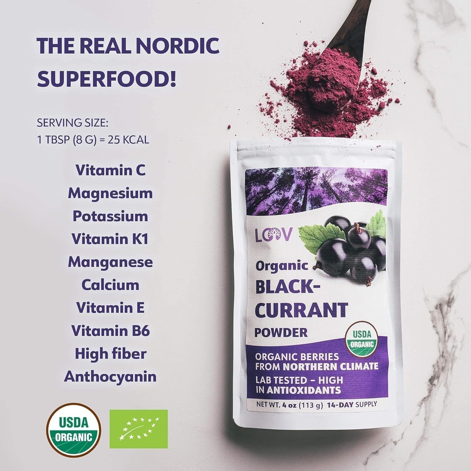 LOOV Bio-Pulver aus schwarzen Johannisbeeren, hergestellt aus 100 % ganzen schwarzen Johannisbeeren, gefriergetrockneten und pulverisierten Bio-Beeren, angebaut in Nordeuropa, ohne Zuckerzusatz, 113 g, dehydrierte Produkte von Naty Shop