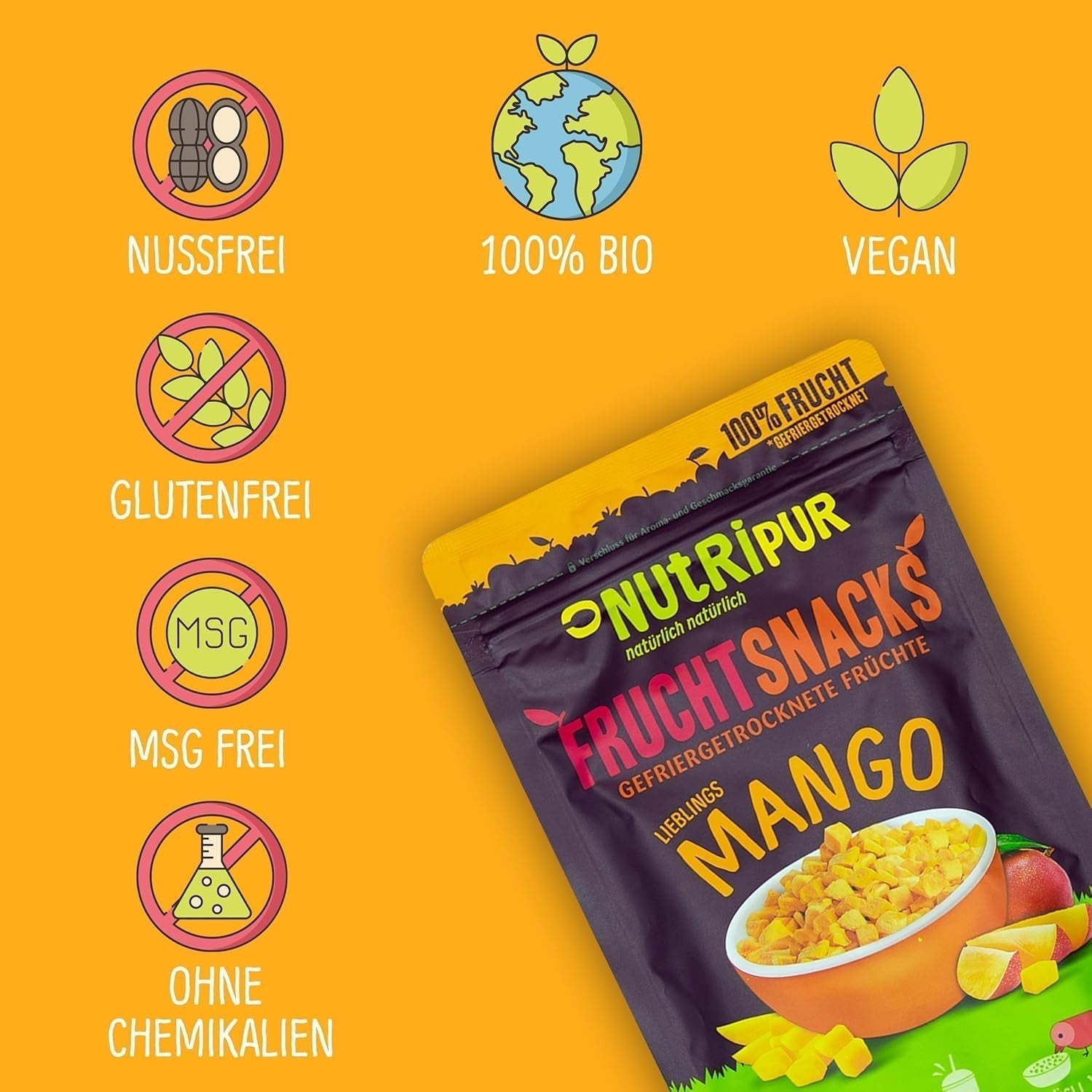 Gefriergetrocknete Mango: 100g gefriergetrocknete Früchte aus zarten Mangostücken ohne Zuckerzusatz - getrocknete Mango - getrocknete Mango - Trockenfrüchte - Trockenfrüchte von NutriPur Dehydrierte Produkte Naty Shop