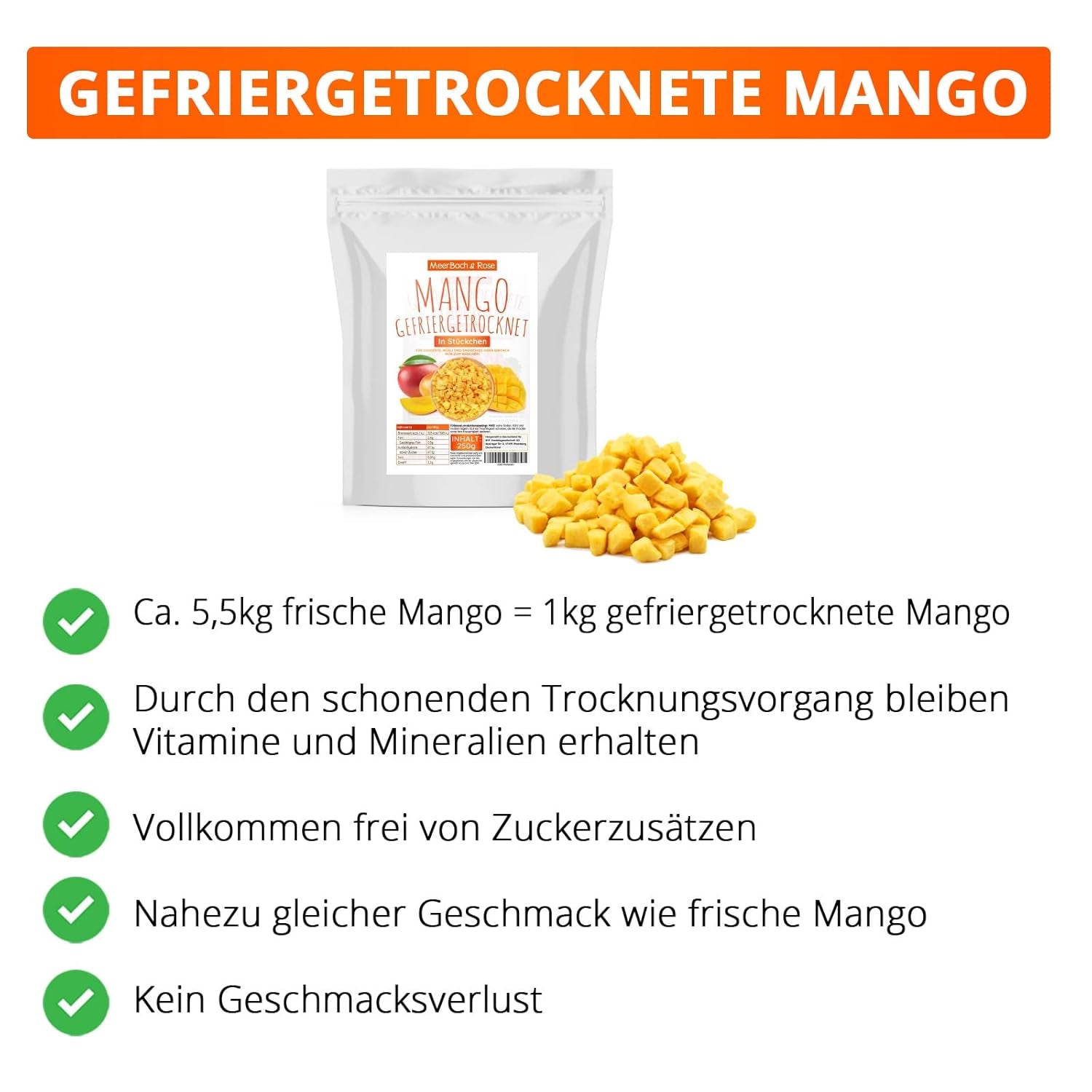 Gefriergetrocknete Mango, 250g gefriergetrocknete Früchte, ohne Zusatzstoffe, fruchtig, hergestellt in Deutschland. Dehydrierte Produkte Naty Shop